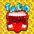 Taco acute Mexican food. Open your mouth and protruding tongue. Royalty Free Stock Photo