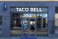 Taco Bell logo sign at the restaurant. Taco Bell is an American fast food chain. Royalty Free Stock Photo