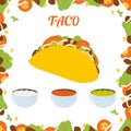 Taco in cartoon flat style. Hand drawn vector illustration of traditional Mexican food, Latin American dish for banner Royalty Free Stock Photo