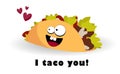 Taco character. Mexican food. Funny tacos with eyes. Vector illustration. Postcard or poster fast food, street food