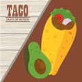 Taco day celebration mexican poster with avocado wooden background