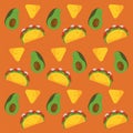 Taco day celebration mexican poster with avocados and nachos pattern