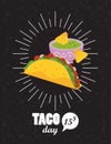 Taco day celebration mexican poster with nachos and guacamole sauce