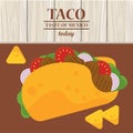 Taco day celebration mexican poster with nachos in wooden background