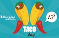 Taco day celebration mexican poster with tacos and chili peppers