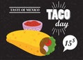 Taco day celebration mexican poster with tomato sauce and price