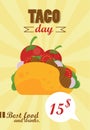 Taco day celebration mexican poster with tomatoes and price