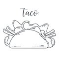 Taco doodle illustration. Ink sketch of stuffed tartilla