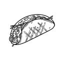 Taco doodle illustration. Mexican lunch line art vector icon for food design Royalty Free Stock Photo