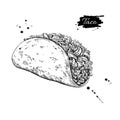 Taco drawing. Traditional mexican food vector illustration. Hand