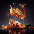 a taco falling into a plate of food with sauce