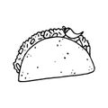 Taco hand draw line style. Design of food eat restaurant and menu theme. Vector illustration in doodle style isolated on white Royalty Free Stock Photo