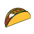 Taco, ground meet with vegetables and cheese in folded tortilla illustration