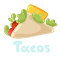 Taco Mexican food clipart isolated on white. Vector taco illustration in flat style for menu, poster, web. Traditional