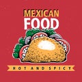 Taco. Mexican food. Traditional mexican cuisine. Banner template. Vector hand drawn Illustration. Can be use for fast Royalty Free Stock Photo