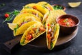 Taco. Mexican tacos with beef meat, corn and salsa. Royalty Free Stock Photo
