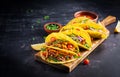 Taco. Mexican tacos with beef meat, corn and salsa. Royalty Free Stock Photo