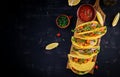 Taco. Mexican tacos with beef meat, corn and salsa. Royalty Free Stock Photo