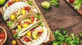 Taco party. Corn tortillas with grilled chicken fillet, salsa sauce, mango, cilantro and red onion on rustic wooden cutting board