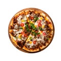 Taco Pizza Pizza On Round Wooden Board Plate On White Background Directly Above View
