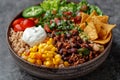 Taco salad bowl with rice, corn and beans-lettuce. Royalty Free Stock Photo