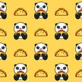 Taco seamless pattern, texture, print, surface with panda, cute animals. Mexican food