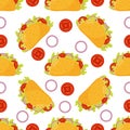 Taco seamless pattern. Traditional Mexican food background. Corn tortilla and bow ornament. Tomato and fresh meat.