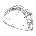 Taco with tortilla in hand drawn doodle style. Mexican lunch line art vector icon. Isolated on white background vector Royalty Free Stock Photo