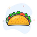 Taco with tortilla shell outline illustration. Mexican lunch flat line vector icon.