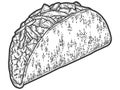 Taco, traditional Mexican dish. Sketch scratch board imitation. Coloring hand drawn image.