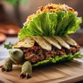 A taco transformed into a turtle, with lettuce shell and ground beef head4