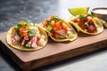 taco trio with beef, chicken, and pork on a slate board Royalty Free Stock Photo