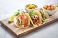 taco trio with beef, chicken, and pork on a slate board Royalty Free Stock Photo