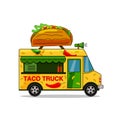 Taco truck.Street fast food truck, takeaway restaurant, market in street isolated vector illustration in flat style