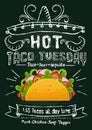 Taco tuesday chalkboard promotional design. Mexican food flyer or banner with cartoon taco and chalkboard effect. Vector Royalty Free Stock Photo