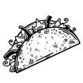 Taco vector icon. Hand-drawn illustration isolated on white background. Traditional Mexican dish. Fast food sketch. Royalty Free Stock Photo