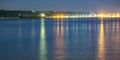 Tacoma bay with boat lights reflections at sunset Royalty Free Stock Photo