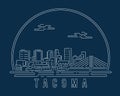 Tacoma - Cityscape with white abstract line corner curve modern style on dark blue background, building skyline city vector