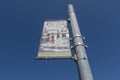 Tacoma, WA USA - circa August 2021: Low angle view of the Thea Foss Waterway banner sign on a metal post Royalty Free Stock Photo