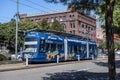 Tacoma, WA USA - circa August 2021: Street view of a Sound Transit electric rail bus in the downtown area