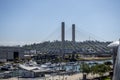 Tacoma, WA USA - circa August 2021: View of the Tacoma Narrows Bridge on a sunny, cloudless day downtown