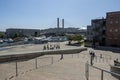 Tacoma, WA USA - circa August 2021: View of the Tacoma Narrows Bridge on a sunny, cloudless day downtown