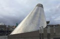 Glass blowing cone with large staircase wrapping around it in Tacoma Museum of Glass
