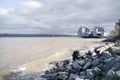 Tacoma in Washington with two battle ships parked near the shore Royalty Free Stock Photo