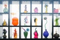 Tacoma, Washington, USA. March 2021. Art objects made of glass on the shelves of the museum. Colorful vases