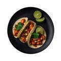 Tacos Al Pastor On Black Smooth Round Plate On Isolated Transparent Background Mexican Food. Generative AI