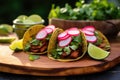 tacos al pastor with sliced radishes and limes on a tree stump