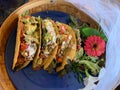 Tacos on the blue plate, Mexican famous food.