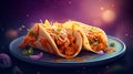 Tacos with chicken and sauce on a blue plate. 3d rendering