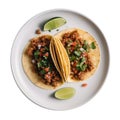 Tacos De Lengua On White Smooth Round Plate On Isolated Transparent Background Mexican Food. Generative AI